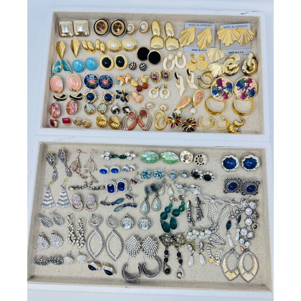 Vintage Gold & Silver Tone Signed & Unsigned Rhinestone Enamel Earring lot of 80